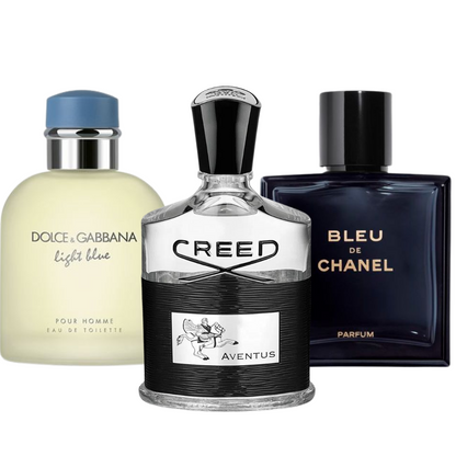 Kit de 3 perfumes Bleu de Chanel, Creed Aventus, e Light Blue Dolce Gabbana 100ml